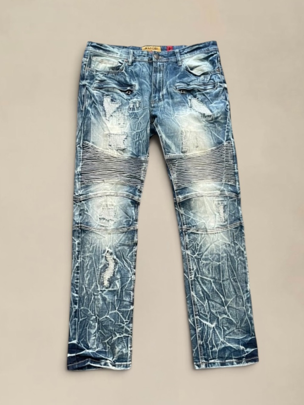 NEW NWOT MAKIBU PRADO BIKER JEANS RIP § REPAIR - VINTAGE WASH 36x32
